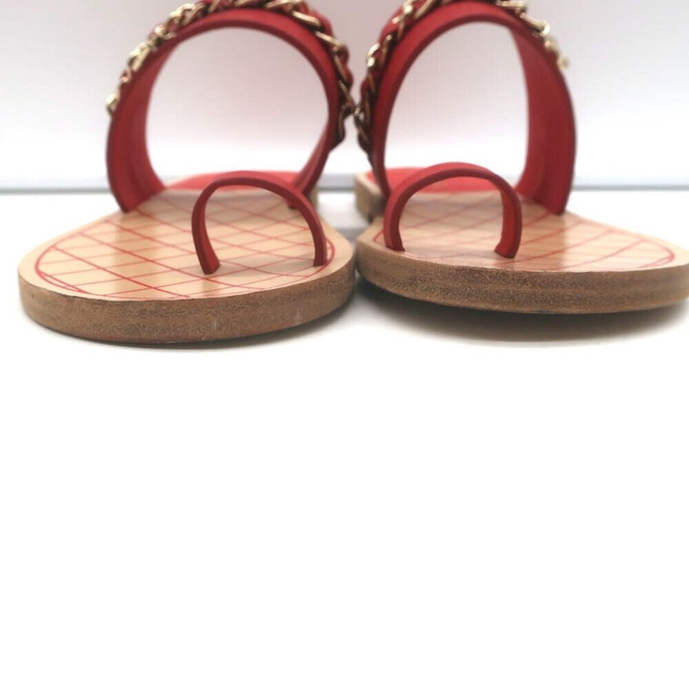 Chanel 19C CC Chain Toe-Strap Flat Slide Sandals Red Leather Size 37.5 - Picture 6 of 13